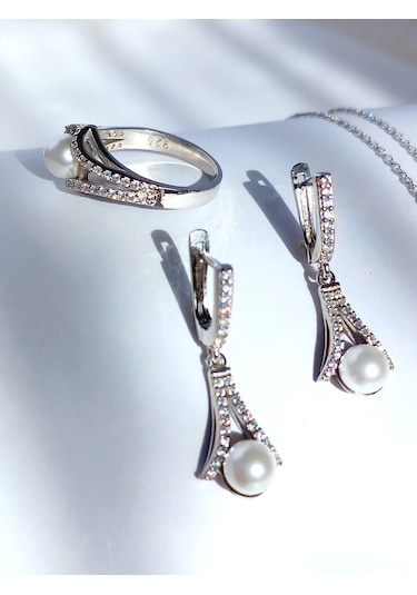 Gümüş Inci Damla V Tasarım Zarif Kadın Kolye Küpe Yüzük Gelin Set