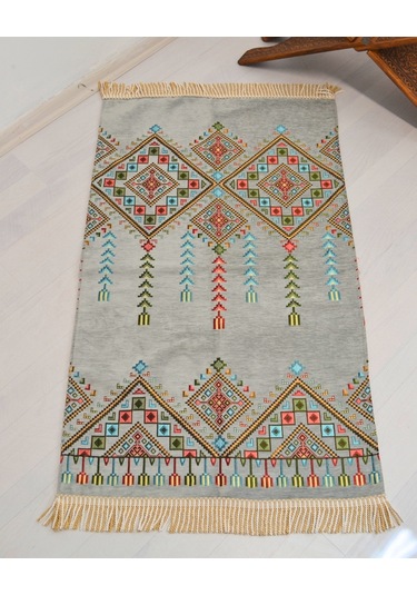 Çeyizlik Hediyelik Seccade Eşarp Tesbih Set Kilim Desenli Kadife Astarlı Seccade, Eşarp, Kristal Tesbih Özel Kutulu Lüks Hediye Seti Gri