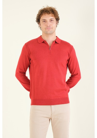 Giyim Dünyası Erkek Yarım Fermuarlı Polo Yaka Kazak Kırmızı 001