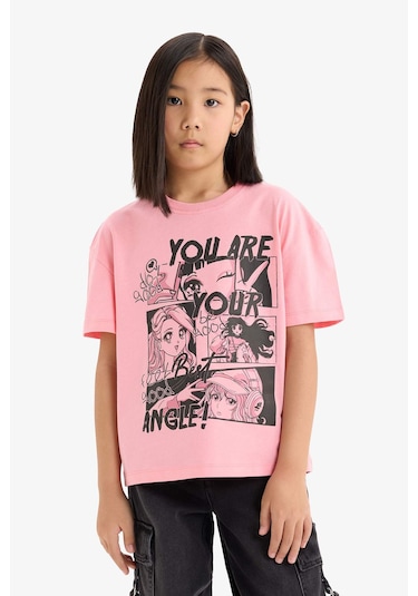 DeFacto Kız Çocuk Relax Fit Bisiklet Yaka Baskılı Kısa Kollu Tişört E0355A825SMPN323 Pembe