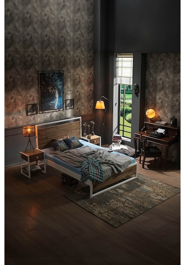 Ariane Ahşaplı Çift Kişilik Metal Karyola Beyaz Ahşap Latalı