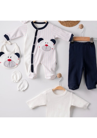 3 Ay Puanlı Ayıcık Nakışlı Tulumlu Erkek Bebek 5'li Set Lacivert Lacivert