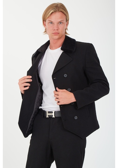 Sposo 1702 Yaka Çıkmalı Kruvaze Yünlü Kaşe Siyah Erkek Kısa Kaban Siyah