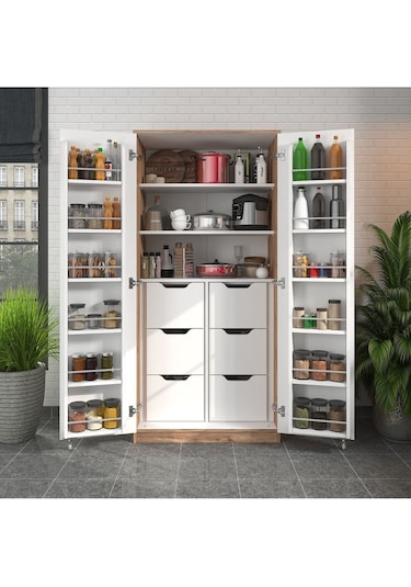 165 Derece Açılabilir 2 Kapaklı, 6 Çekmeceli, Kavanoz Raflı Kiler Ve Erzak Mutfak Dolabı Atlantik Çam Beyaz