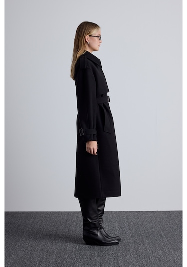 Apolet Detaylı Kaşe Kaban Siyah