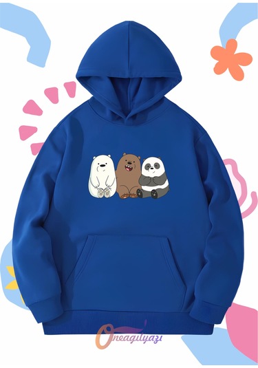 Çocuk Unisex Ayıcıklar Baskılı Oversize Kapüşönlü Sweatshirt Saks Mavisi