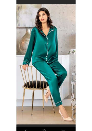 Freshness 2045 Saten Gömlek Yaka Patlı Pijama Takımı ZÜMRÜT