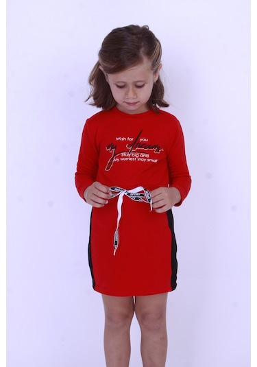 Toontoy Kız Çocuk My Dreams Baskılı Elbise Kırmızı
