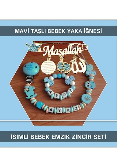 Sahi Aksesuar İsimli Bebek Emzik Seti ve Mavi Taşlı Bebek Yaka İğnesi Mavi