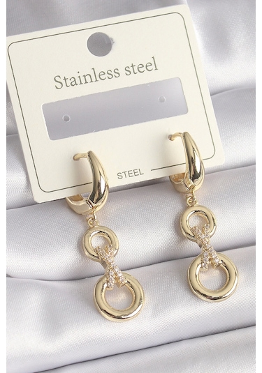 316l Çelik Gold Renk Zirkon Taş Detaylı Sallantı Model Kadın Küpe Çok Renkli