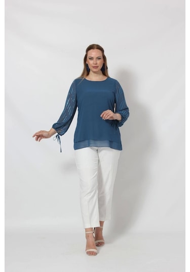 3243 Kolu Taş Baskılı Şık Bluz İndigo Indigo