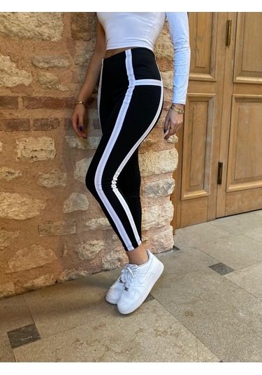 Leyla Sanat Sanata Yeni Bir Bakış Açısı Kadın Yan Çift Şerit Detaylı Toparlayıcı Egzersiz Dalgıç Tayt SiYAH