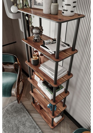 6 Katlı Dekoratif Diktörtgen Kitaplık Ceviz Ceviz