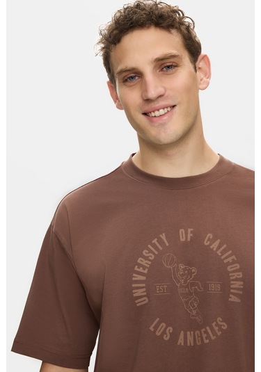 Kentucky Kahve Bisiklet Yaka Baskılı %100 Pamuk Oversize Erkek Tshirt Kahverengi