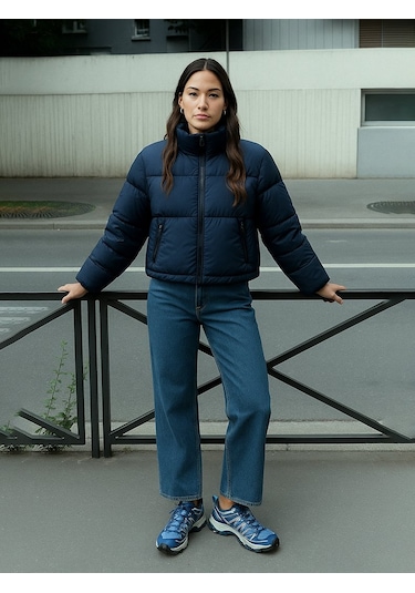 Şişme Önü Fermuarlı Kısa Lacivert Mont Lacivert