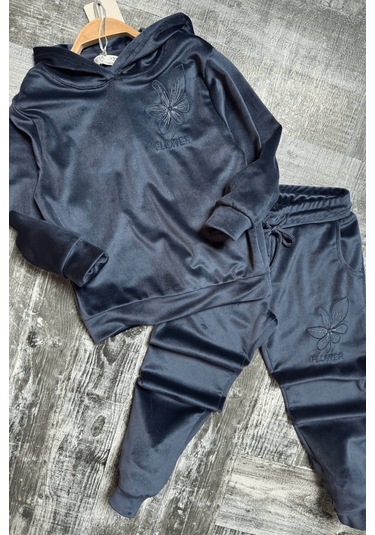 5-14 Yaş Flower Kadife Kız Çocuk Takımı İndigo Mavi İndigo Mavi