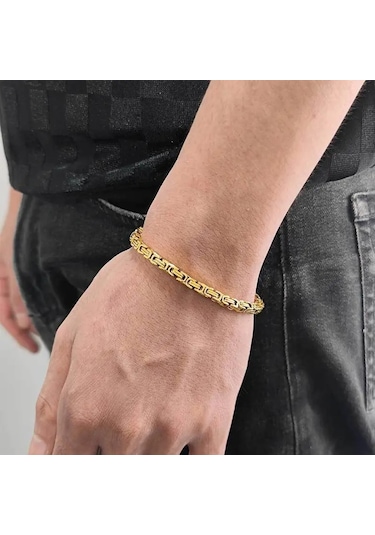 Gold Renk Tamamı Saf Çelik Kral Model Erkek Kolye Bileklik Set 4m