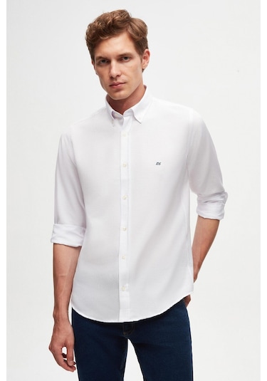 Ds Damat Slim Fit Beyaz Oxford Düğmeli Yaka Kolay Ütülenebilir Nakış Detaylı Pamuklu Gömlek 4HC02ORT03265 Beyaz