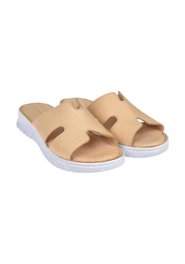 Castle Black 22357 Kadın Hakiki Deri Comfort Terlik Bej Siyah