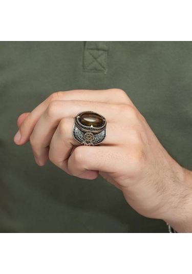 Kaplan Gözü Taşlı Süleyman Mührü 925 Gümüş Erkek Yüzük Beyaz