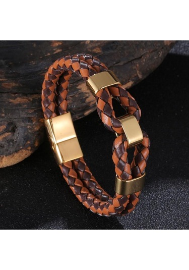 Örme Deri İp Erkek Takı Moda Paslanmaz Çelik Erkek Deri Bileklik Çift Katmanlı Tasarım Çok Renkli Kombinasyon Takı Turuncu