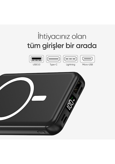 10.000 Mah Kablosuz Hızlı Şarjlı Magsafe Powerbank Led Ekranlı Dahili Kablolu Powerbank Siyah
