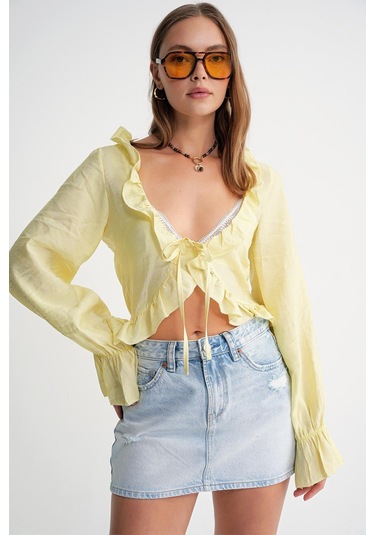 4712 Kadın Volanlı Modal Bolero Bluz Sarı Sari