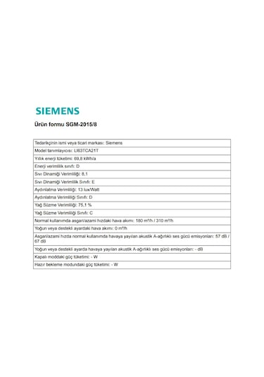 Siemens LI63TCA21T Sürgülü 181 W Aspiratör Beyaz
