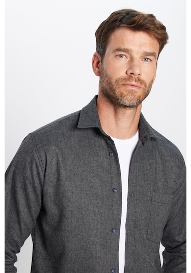 Erkek Regular Fit Klasik Kesim Pamuklu Tek Cepli Armürlü Kışlık Oduncu Siyah Gömlek-28599 Siyah