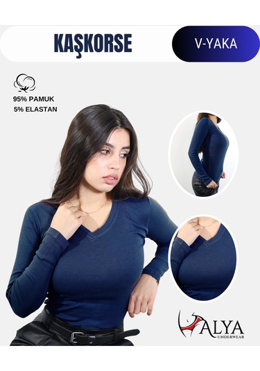 Pamuklu Kaşkorse V Yaka Body Sweatshirt, Fitilli Kumaş Likralı Bluz, Asker Yeşili Badi Lacivert