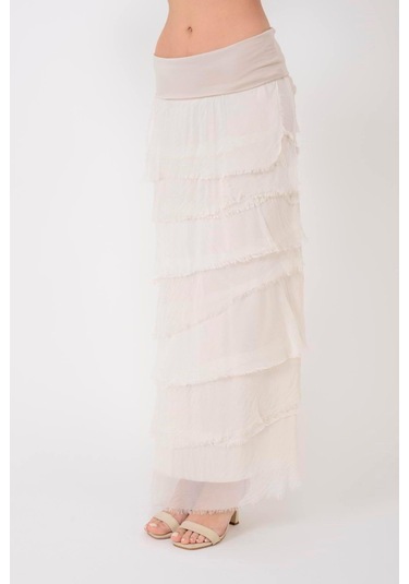 İtalyan 2 Beden Ince Gösteren Kat Kat Ipek Etek & Straplez Elbise Krem