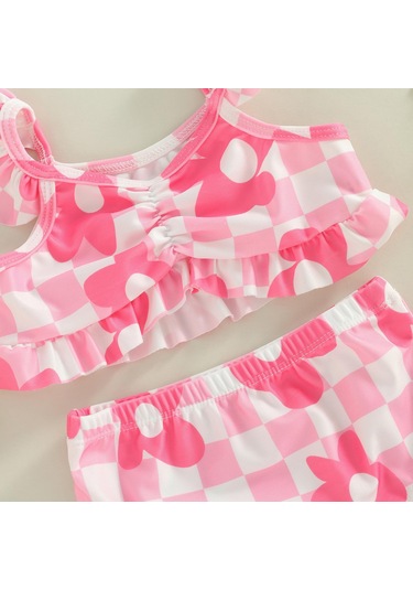 Bebek Kız Bikini Seti, Ekose Çiçek Baskı Fly Kollu Kaşkorse Yaz Plaj İçin Külot Mayo Mayo