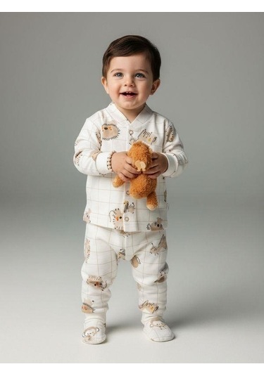 Zekids Bebek Pamuklu Eldivenli Üst Ve Patikli Altlı Pijama Takımı-16787 Bej