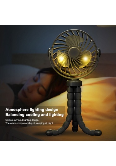 Kosona Siyah F3 Çok Amaçlı Tripod Fan: Bebek Arabası Asma Fanı, 360 Döner, 3 Hızlı, Gece Lambalı, 800mah Pil