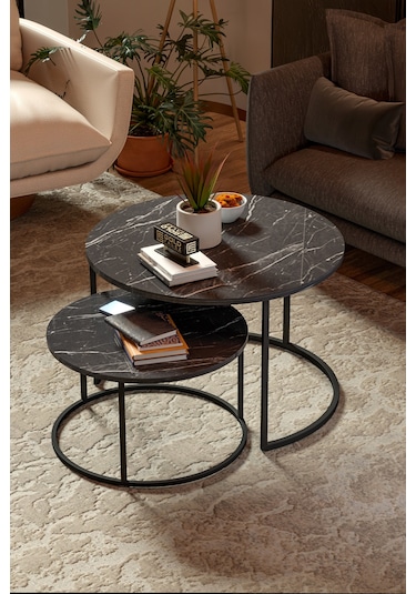 Orta Sehpa Bade İkili Lüx Yan Sehpa Masa Bendir Siyah