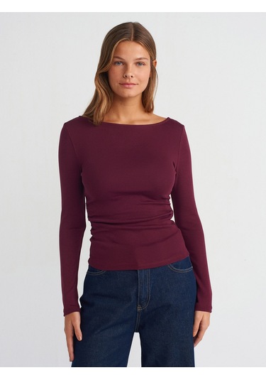 Dilvin 31401 Büzgülü Kayık Yaka Top-bordo Bordo