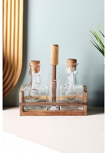 Romey 4'lü Borosilikat Cam Akasya Standlı Yağdanlık Tuzluk Biberlik Seti Seffaf Şeffaf