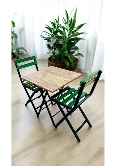 Balkon Bahçe Mutfak 3'lü Bistro Set Katlanır Masa Sandalye 60x60 Yeşil