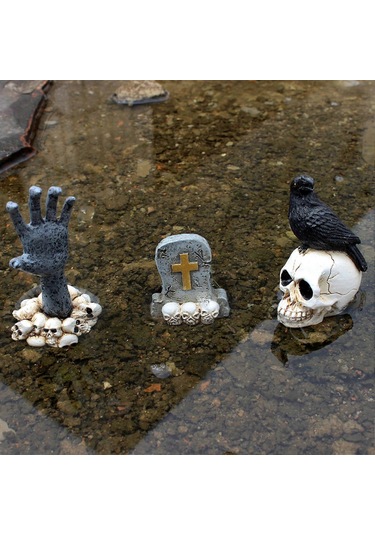 3 Minyatür Kafatası Başı Figürleri Seti Karga Mezar Taşı Hayalet El Figürleri Modelleri Patio Çim Bahçe Veranda Dekorasyonu İçin