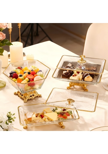 Gold 3 Parça Pasta & Kurabiyelik Sunum Seti Altın - Gold