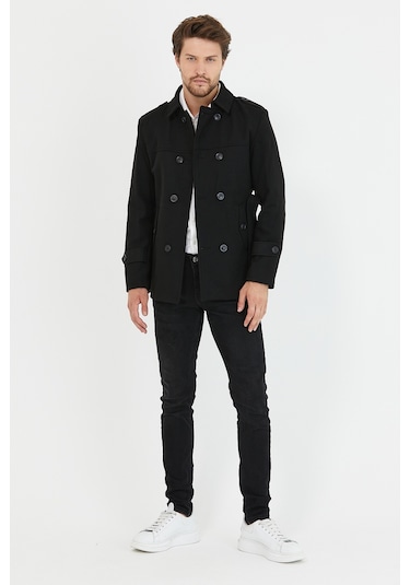 Erkek Siyah Kemerli Kaşe Kaban Trenç Model Siyah
