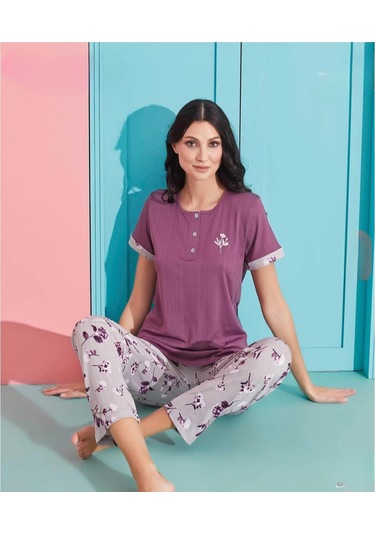 Pijamoni Kadın Viskoz Likralı Düğme Yaka Kaşkorse Patlı Kısa Kol Pijama Takımı 5520-5 / 1 Adet Mor
