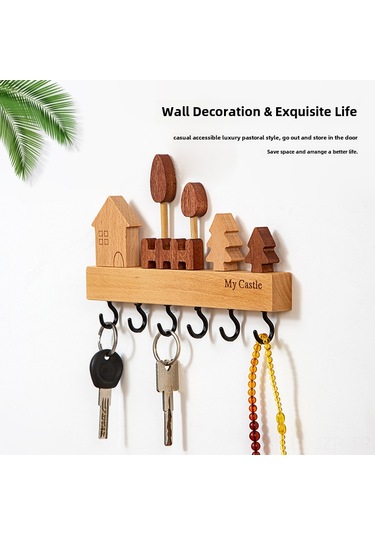 Geeroyoo Ahşap Anahtar Tutucu, Giriş Merkezi Duvar Tipi Organizer, 6 Adet Halka, Delik Açmayan Kurulum, Modern Kuzey Avrupa Stili, Turuncu-yeşil Renk