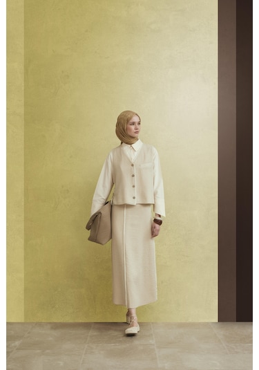 Armine Hasır Dokulu Yelekli Takım 25y6028 Aytaşı Bej