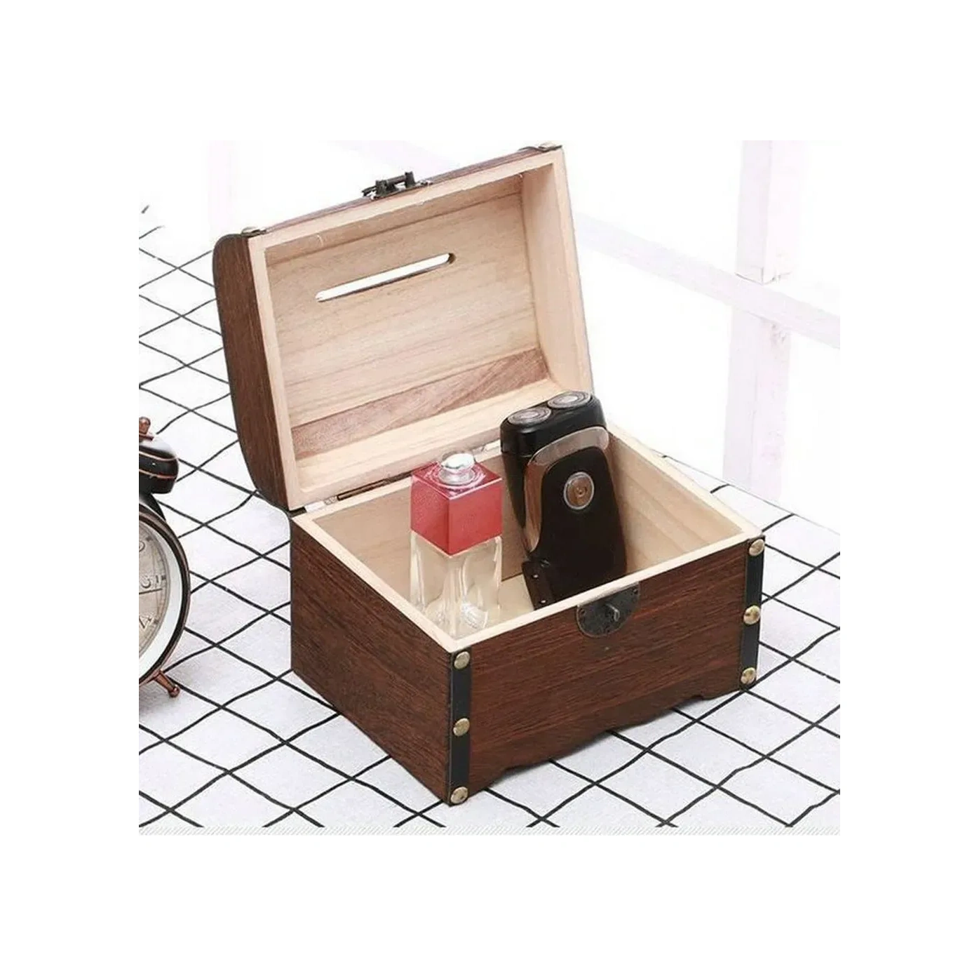 Konesam Antik Stilde El Yapımı Ahşap Kasa, Kilitli Para Kazan, 15x10x10cm, Tatil Ve Özel Günler İçin, Hızlıca Parayı Sakla Haki