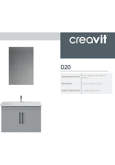 Creavit D20 Banyo Dolabı Seti Çekmeceli 80 Cm Gri