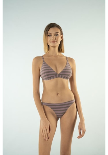 Estiva Bantlı Toparlayıcı Üçgen Bikini Takımı - Çizgili Mürdüm