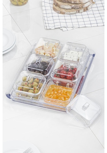 Akrilik Şeffaf 6 Lı Kapaklı Kahvaltılık Kahvaltı Seti & Saklama Kabı Cam Değildir Şeffaf