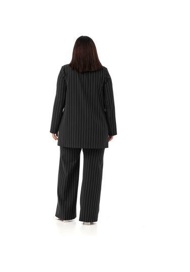 Büyük Beden Çizgili Siyah Ceket Pantolon İkili Takım Siyah