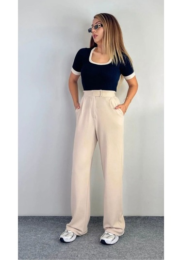 Kadın Likralı Cırt Kapama Lacivert Geniş Paçalı Rahat Palazzo Pantolon Bej